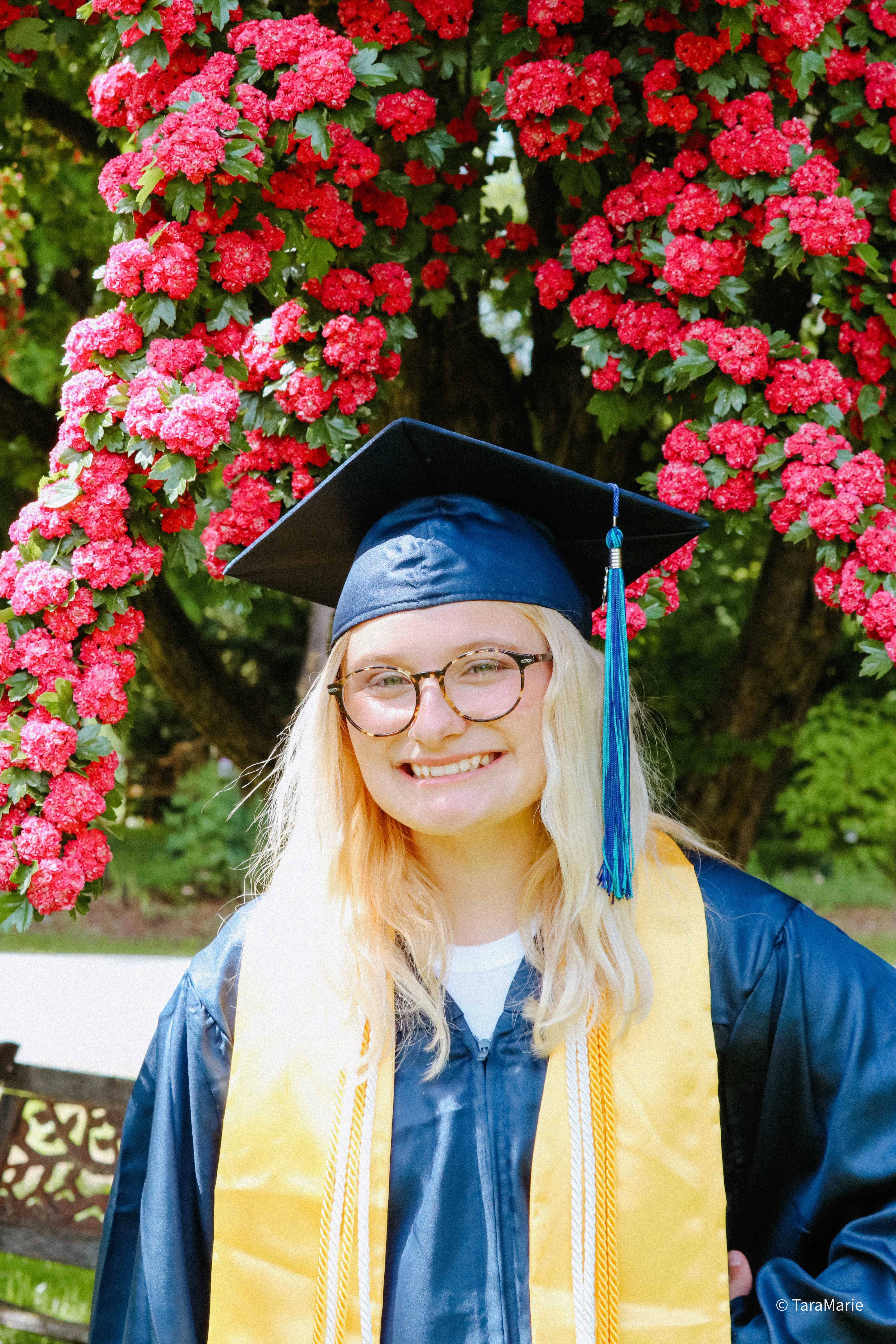 girl in cap and gown in front of blossomed tree